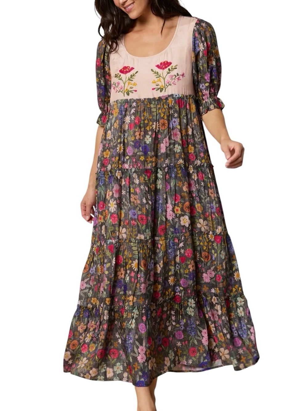 NATURAL LIFE Collette Floral Embroidered Tiered Maxi Dress XS NWT